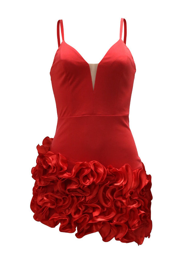 Plunging 3D Ruffle Asymmetrical Mini Dress