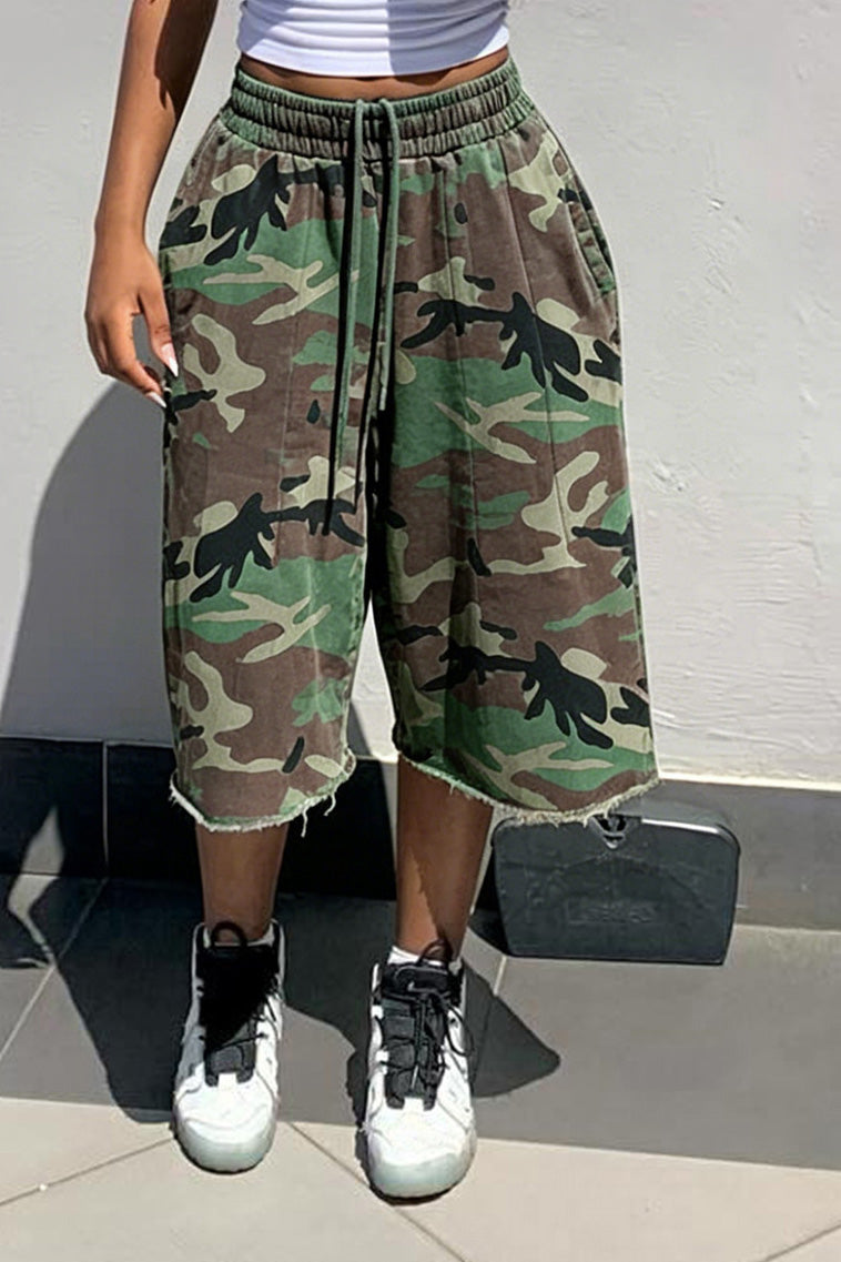 Baggy Drawstring Raw Hem Camo Shorts