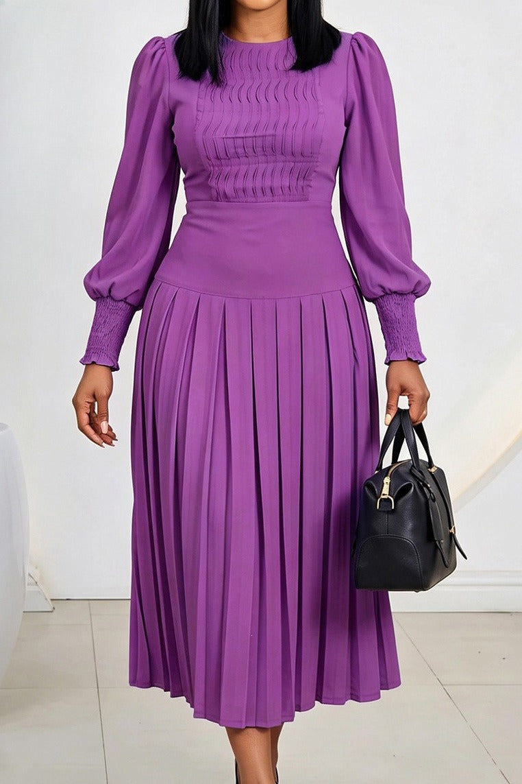 Smocked Puff Sleeve Pleated Midi Dress