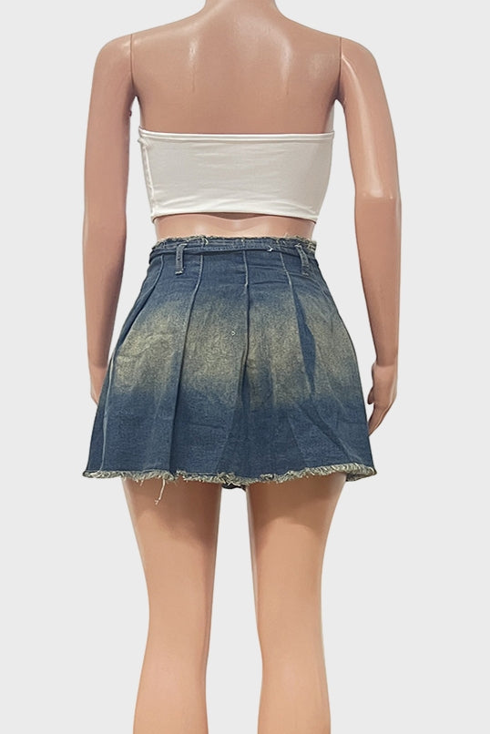 Pleated Denim Mini Skirt