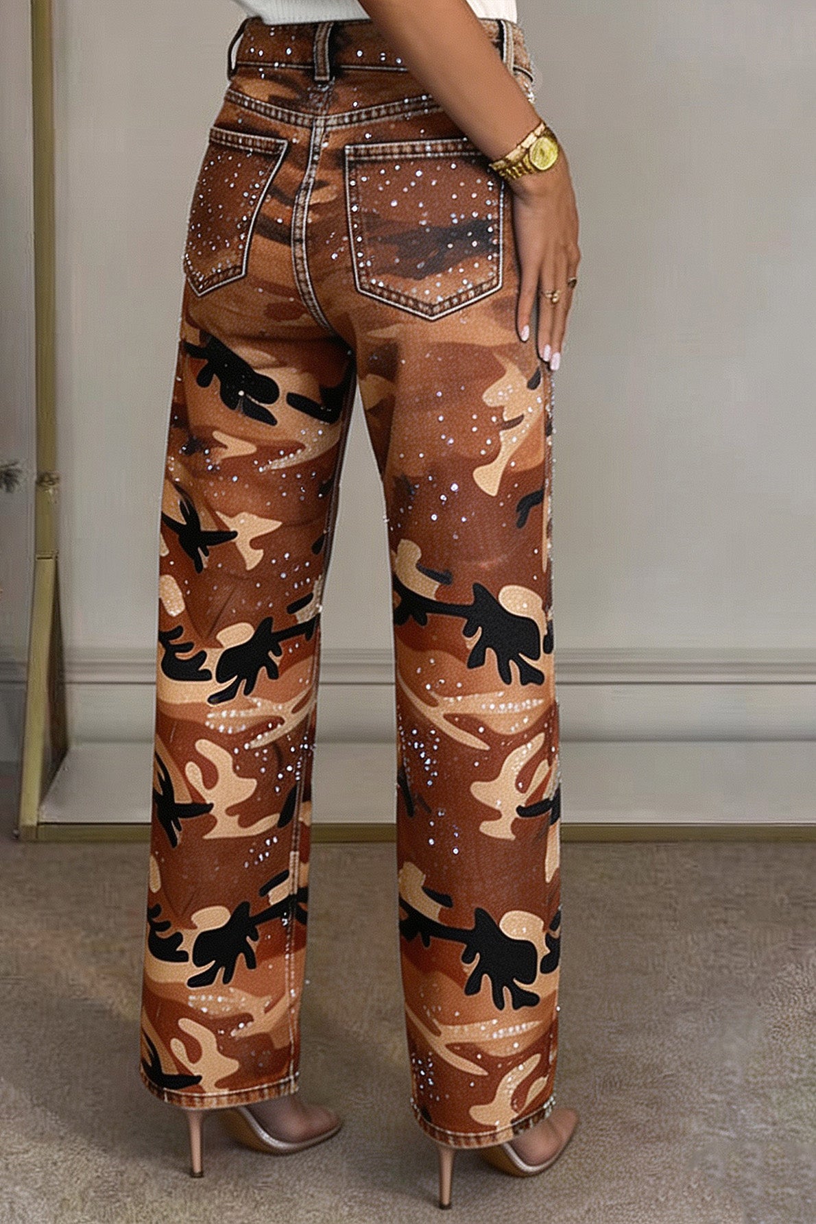 Rhinestone Camo Straight Leg Jeans