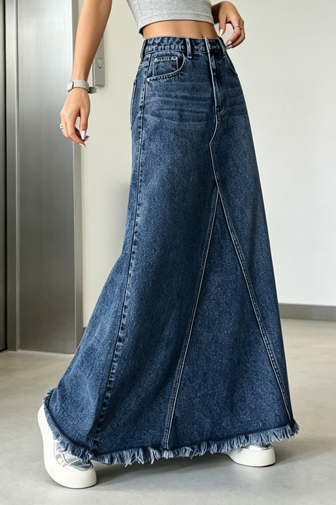 Raw-Hem Godet Denim Maxi Skirt