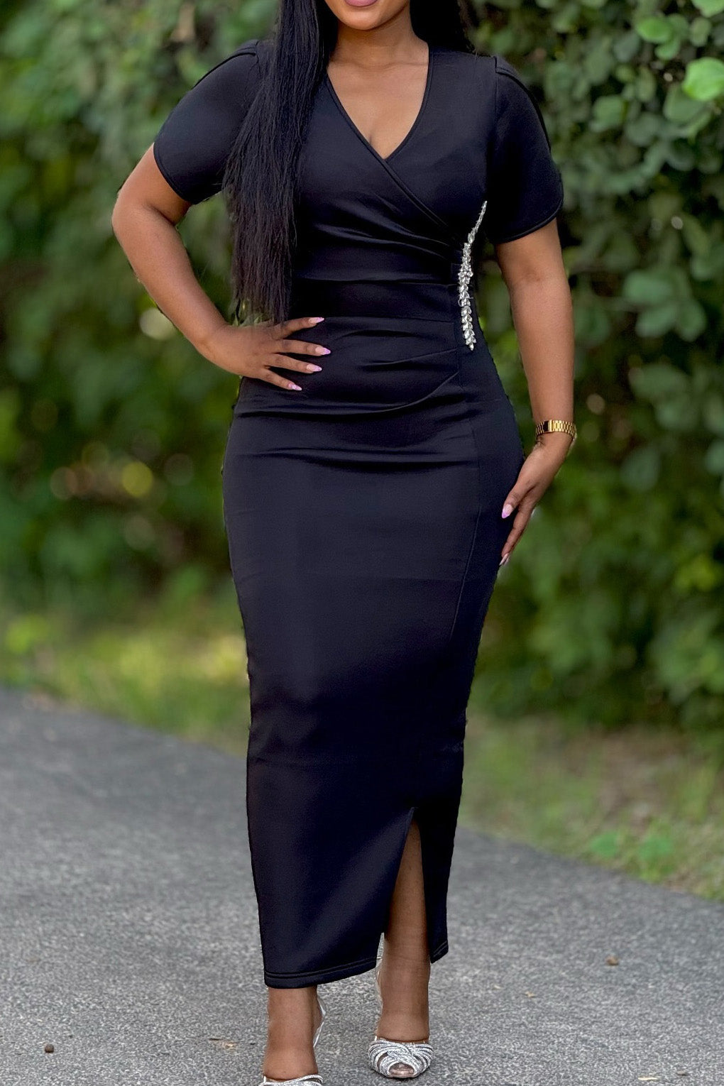 Elegant V-Neck Crystal Dress