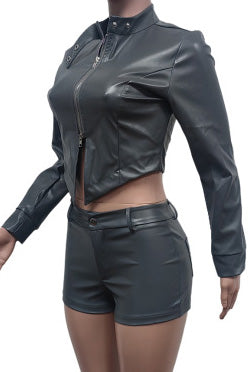 Leather Crop Jacket and Shorts Set