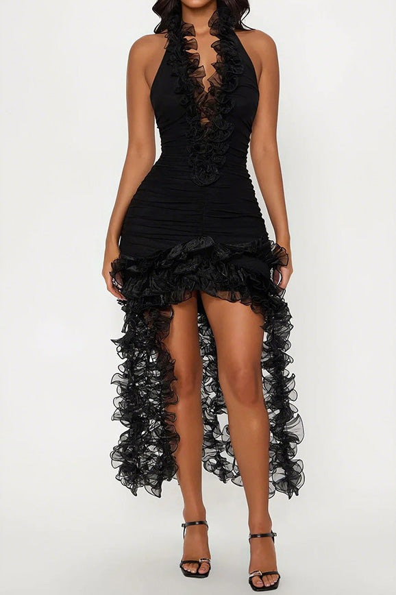 High Neck Cut Out Front Frilly Mini Dress