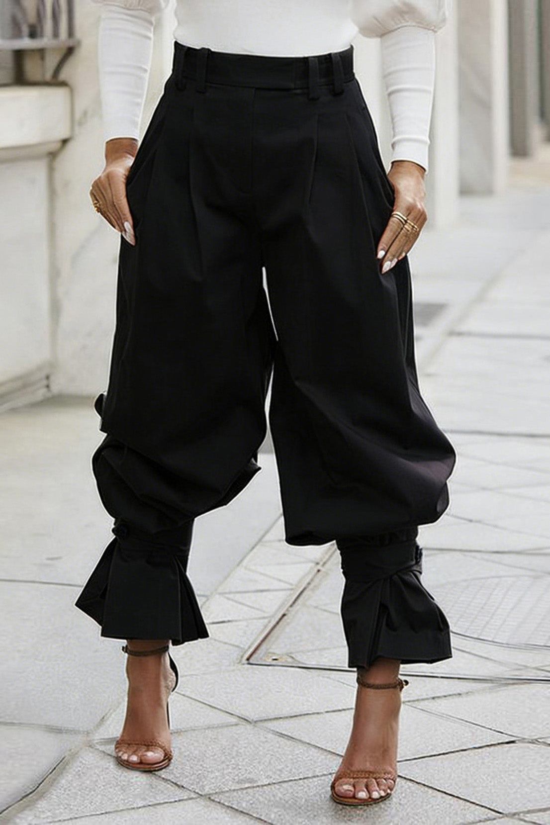 Pleated Ruffle-Cuff Balloon Trousers