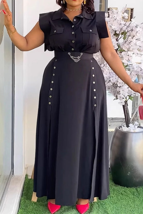 Solid Color Sleeveless Workwear Slit Dress Set