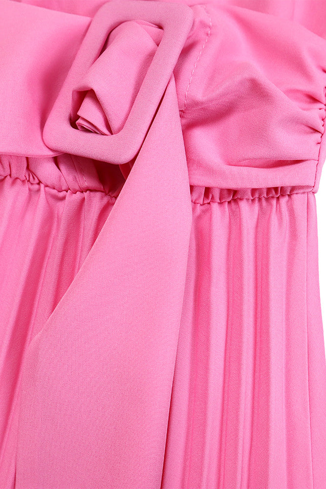 V Neck Long Sleeve Pleated Midi Dress