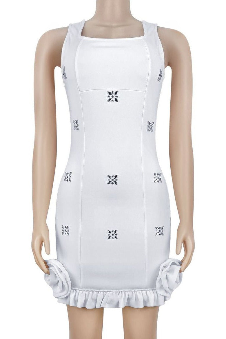 Rhinestone 3D Rosette Hem Mini Dress