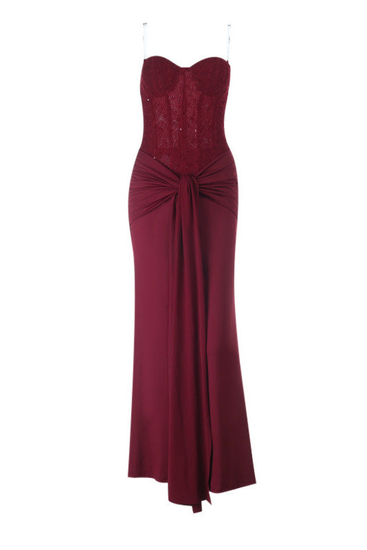 Off Shoulder Lace Up Pleated Maxi Dress
