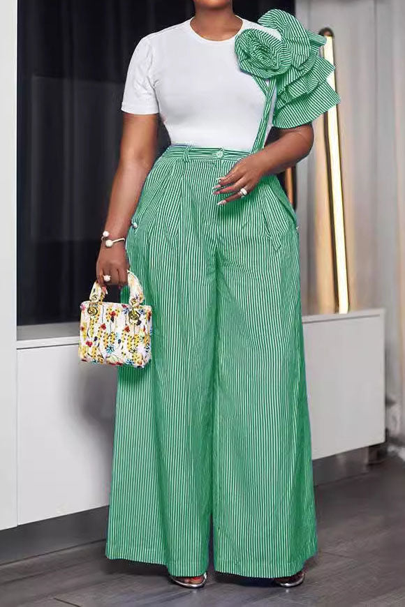Single Ruffle Sleeve T-Shirt Striped Pants Set