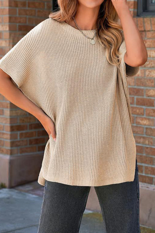 Short Sleeve Side Slit Oversized Sweater