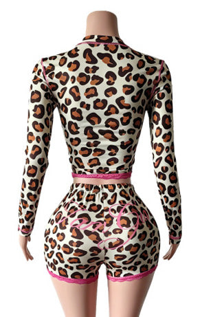 Leopard-Print Lettuce-Trim Top & Shorts Set