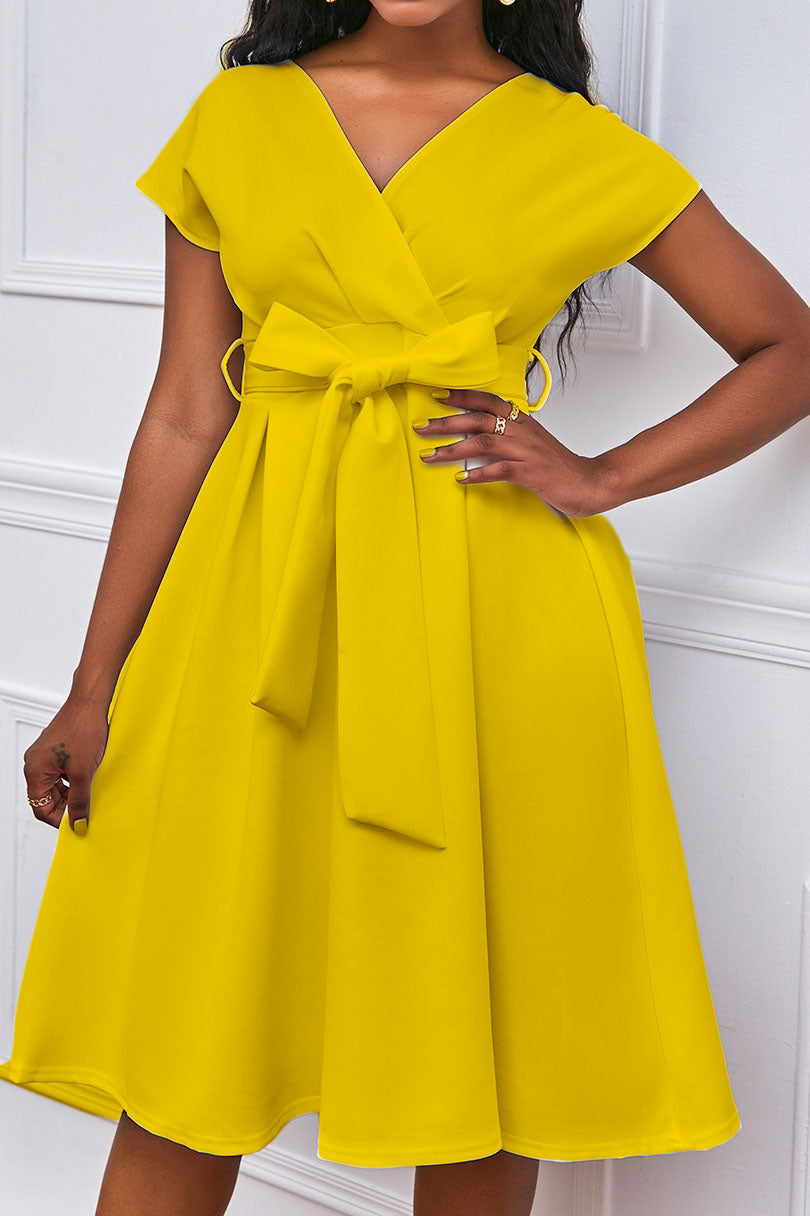 Solid Color Belted Bow Tie Waist Dress