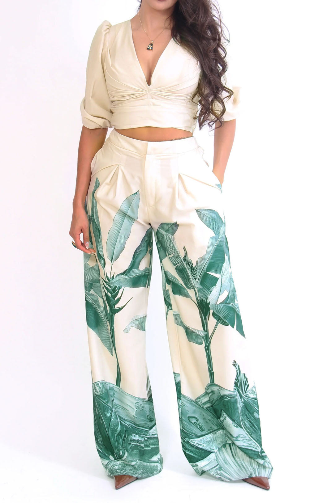 Printed V-Neck Wide-Leg Pants Set