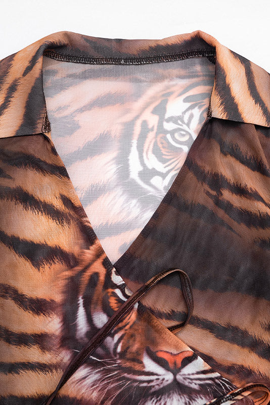 Tiger-Print Tie-Front Mesh Shirt