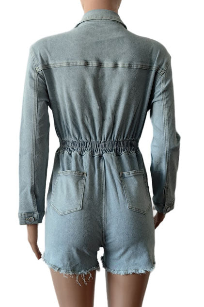 Long Sleeve Stretchy Washed Denim Romper