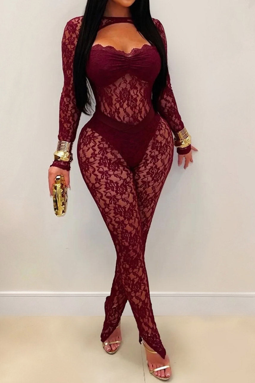 Sheer Lace Long-Sleeve Cutout Jumpsuit