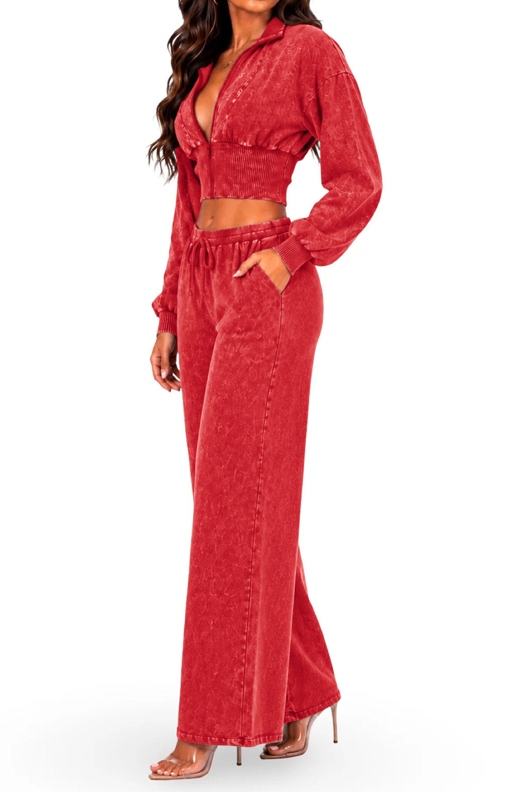 Washed Cropped Zip Jacket Wide Leg Pants Set