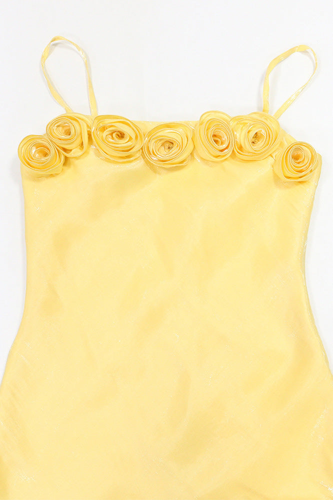 3D Floral Rosette Satin Maxi Dress