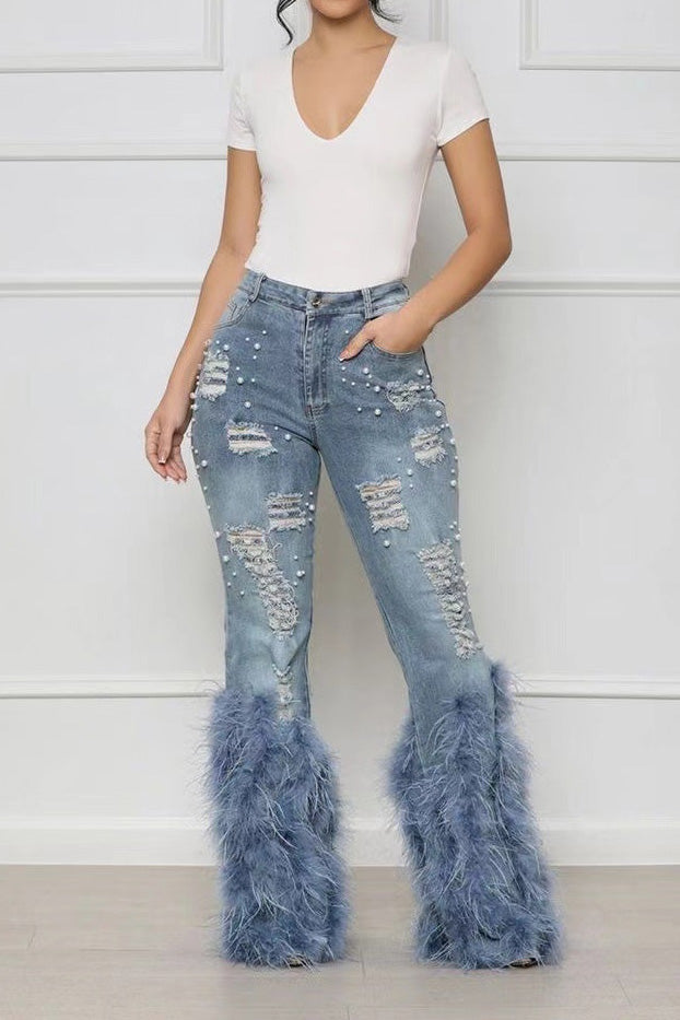 Feather Detail Ripped Denim Jeans
