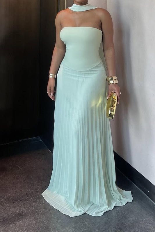 Strapless High Waist Pleated Maxi Dress