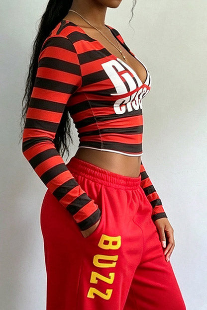 Striped Graphic V-Neck Long-Sleeve Crop Top