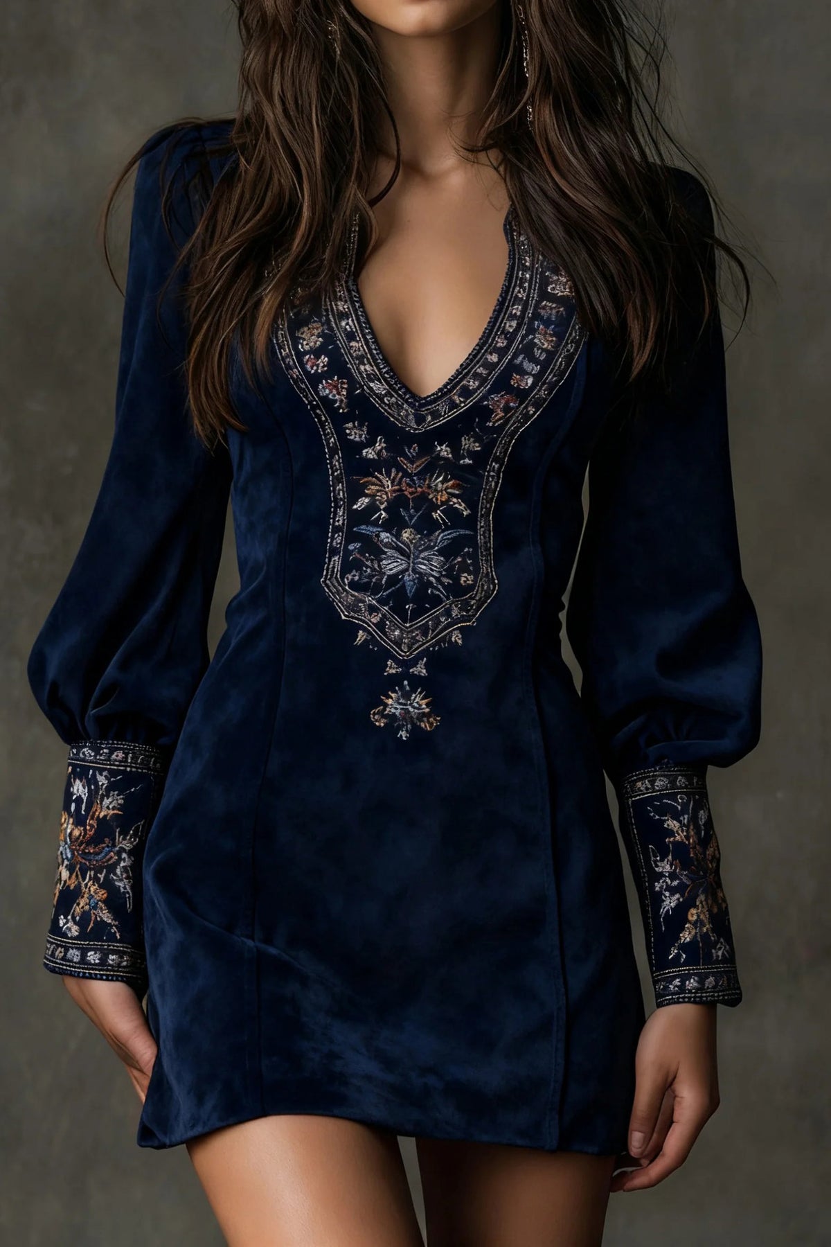 Retro V Neck Embroidered Mini Dress