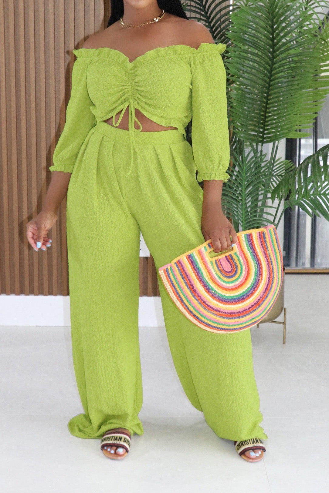 Textured Off-Shoulder Ruched Top & Wide Leg Pants Set