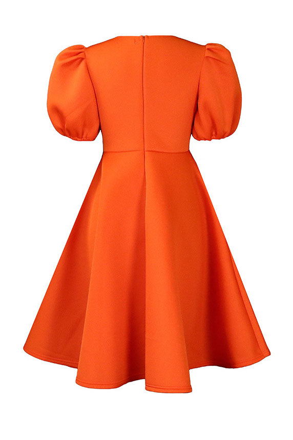Round Neck Sleeve Slim Waist Swing A-Line Dress