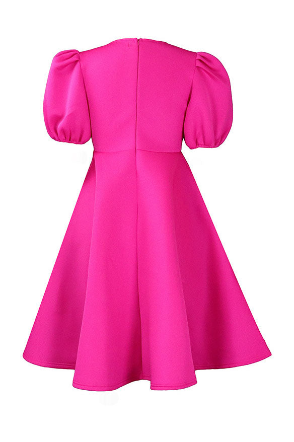 Round Neck Sleeve Slim Waist Swing A-Line Dress