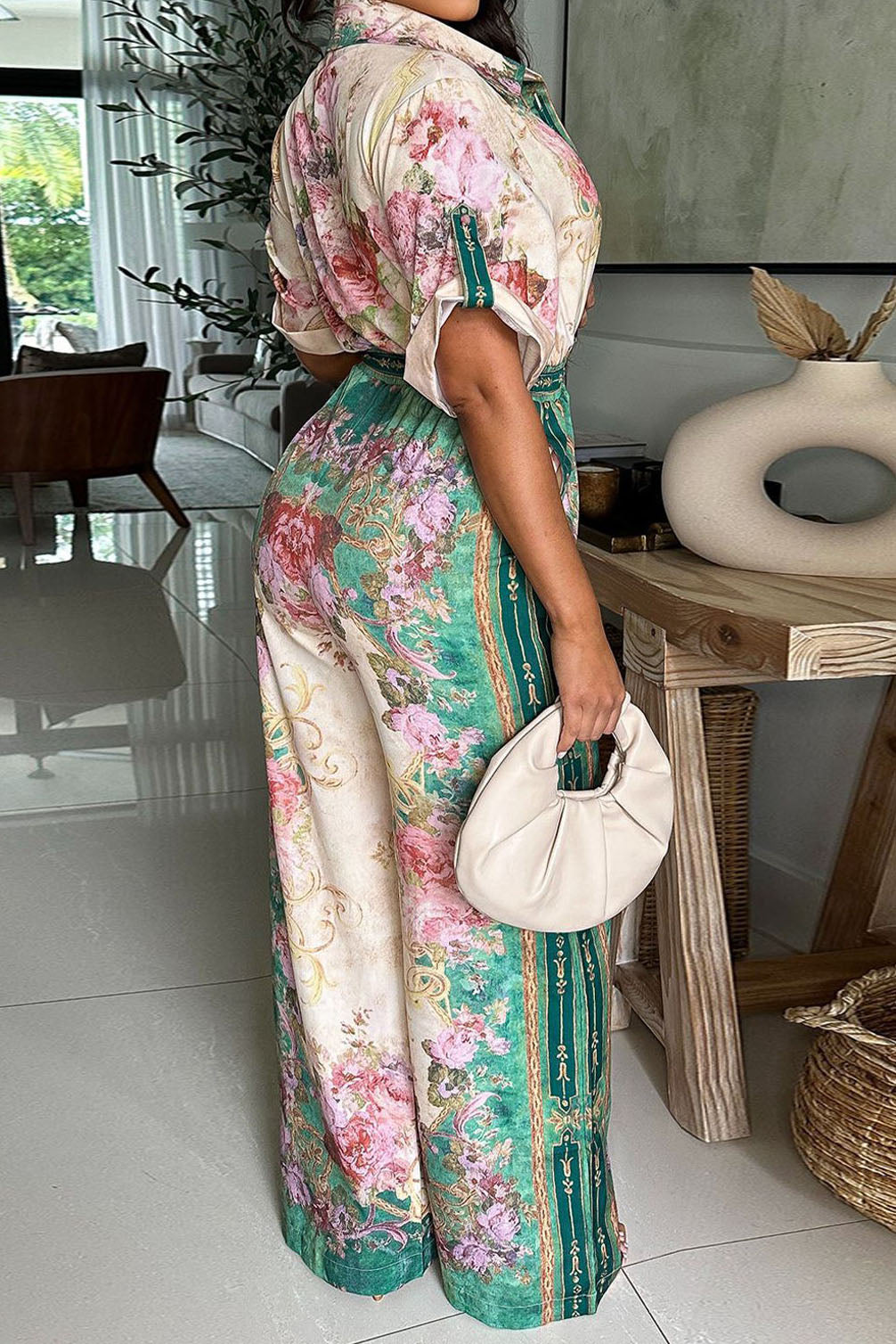 Floral Collared Wide Leg Jumpsuit