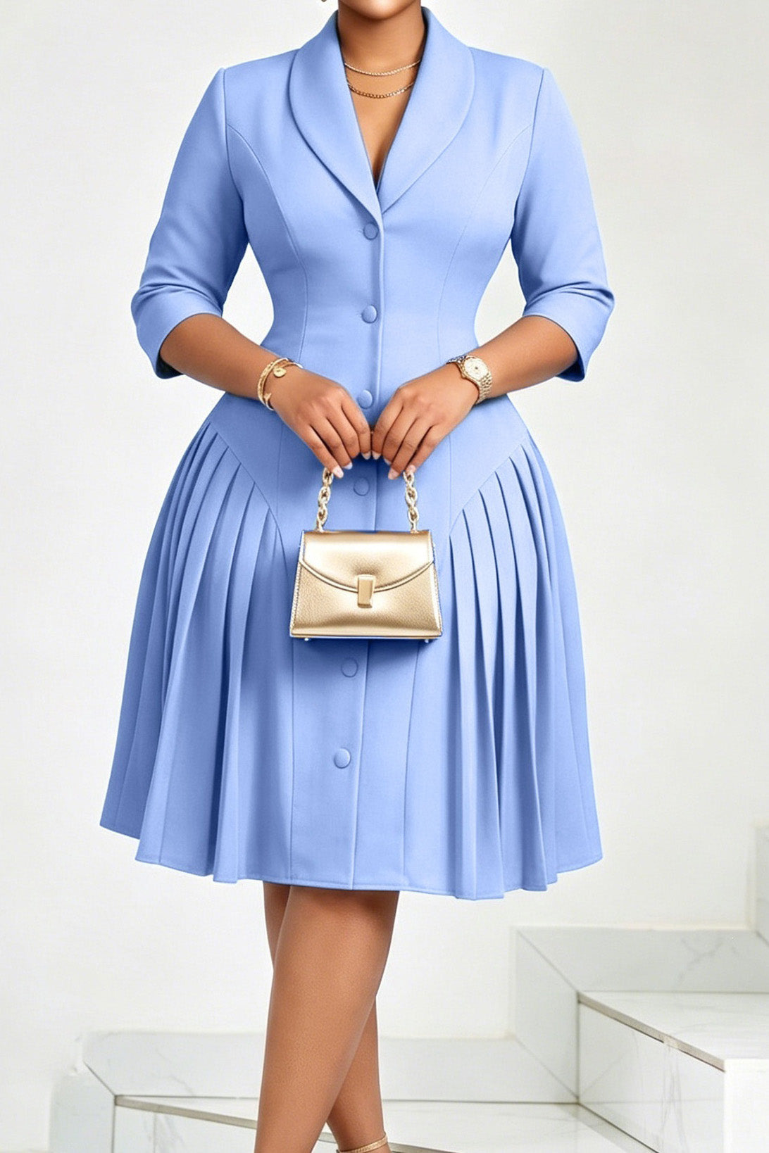 Pleated Button Front Blazer Midi Dress