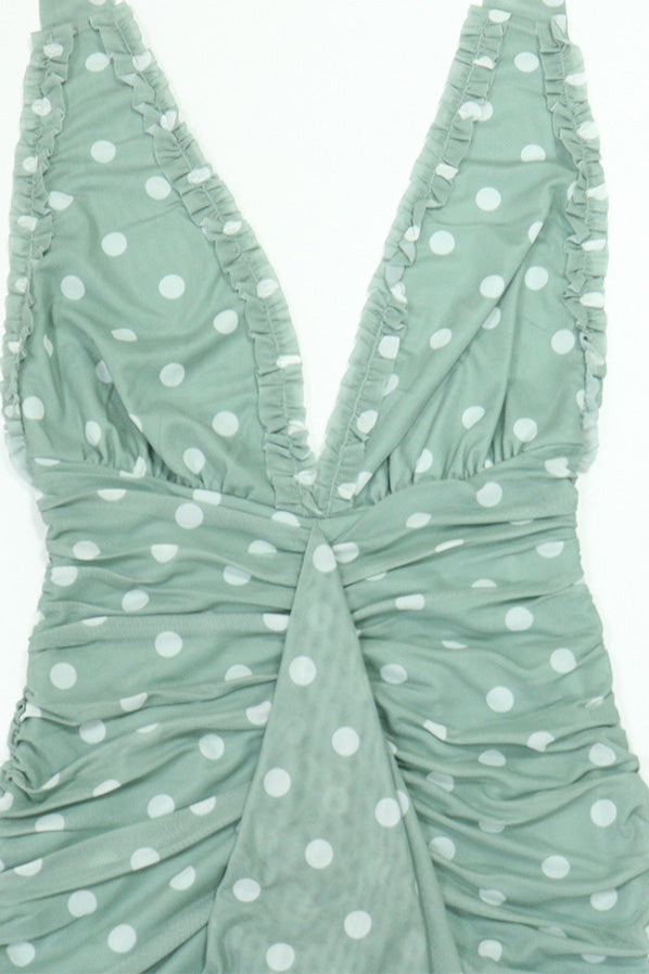 Plunging Halter Ruched Ruffle Maxi Dress