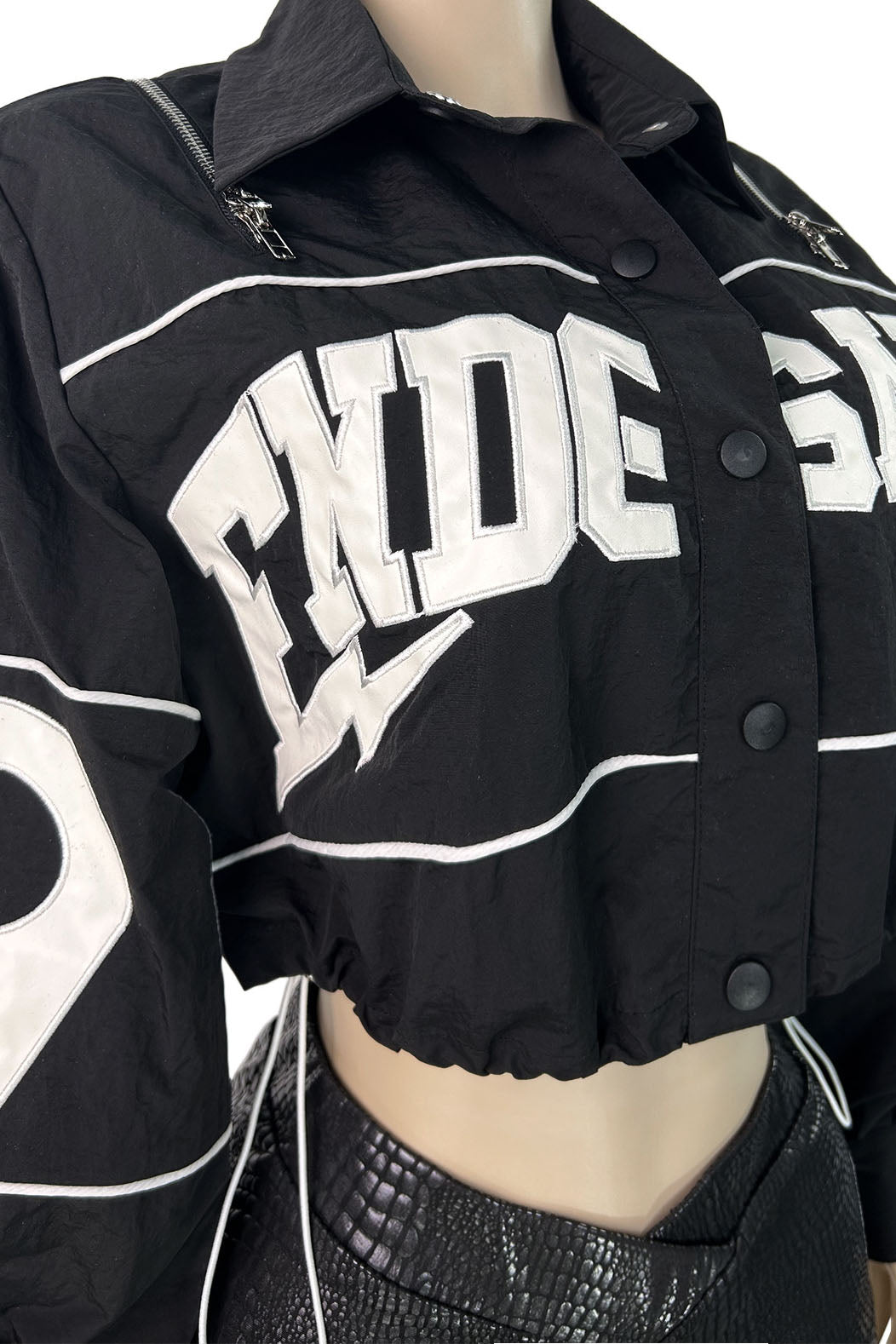 Letter-Embroidered Cropped Drawstring Jacket