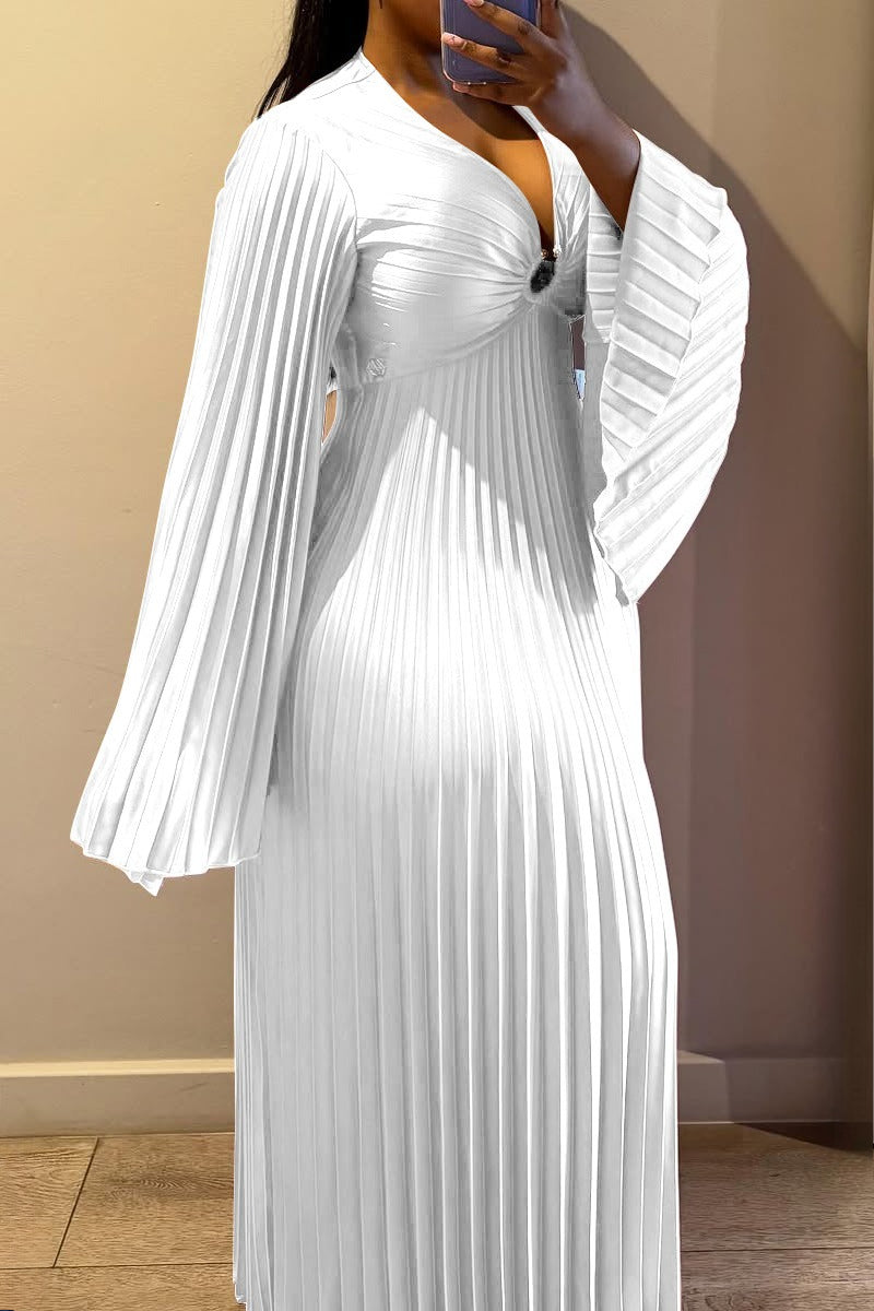 Plus Size V-Neck Pleated Flare Sleeve Maxi Dress