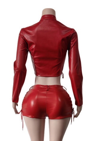 Lace-Up Faux Leather Jacket & Shorts Set