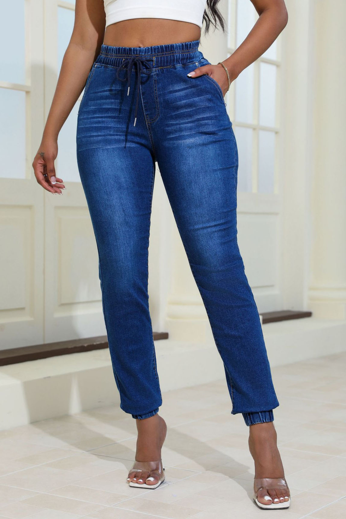 High Waist Drawstring Jogger Jeans