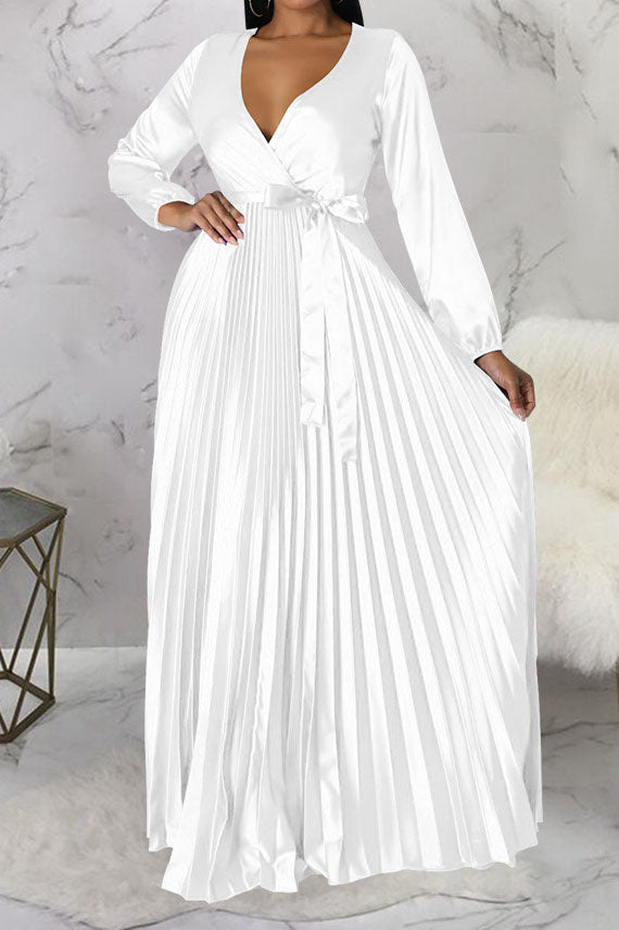 Faux Silk Pleated Tie-Waist Maxi Dress