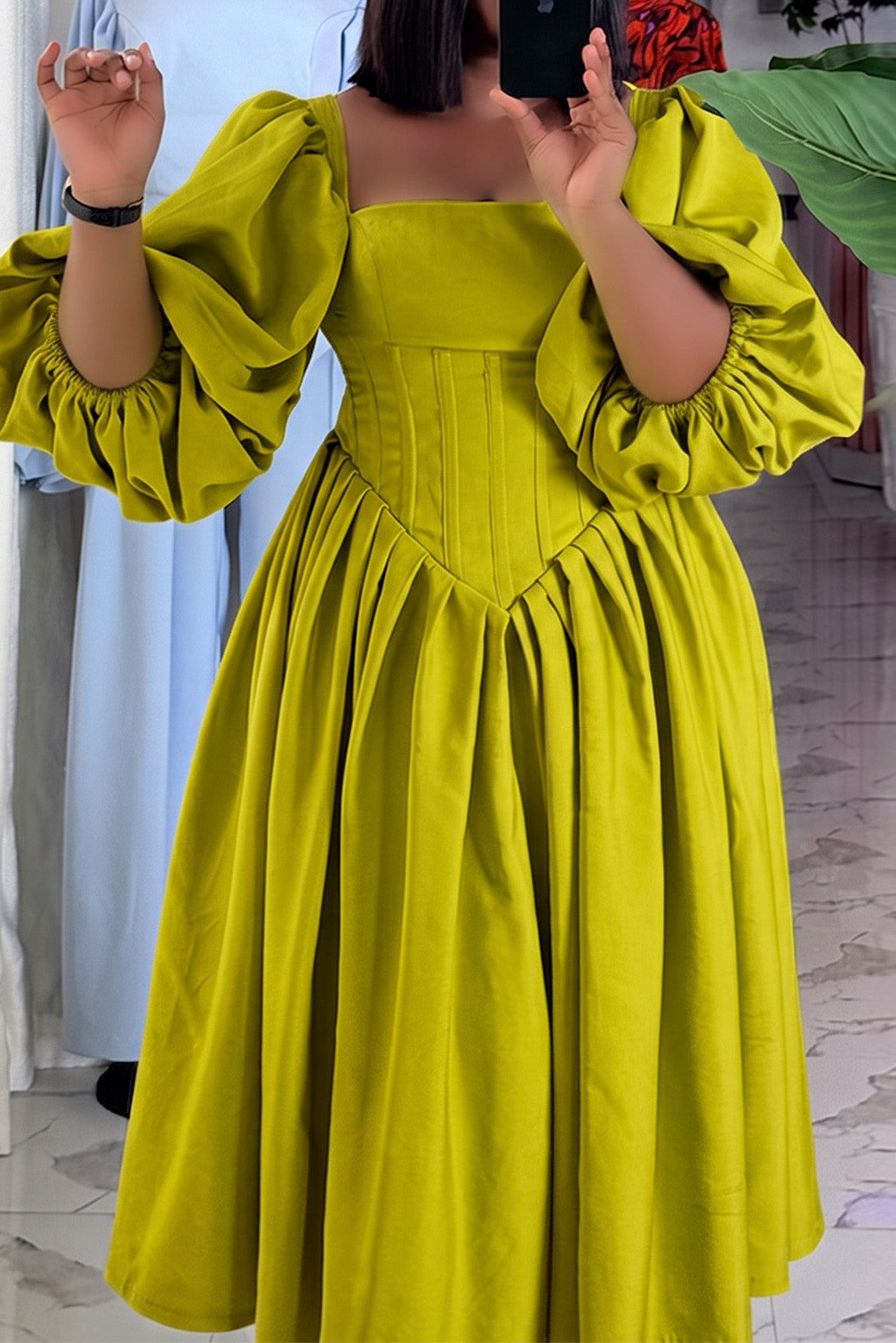 Puff Sleeve Corset Midi Dress