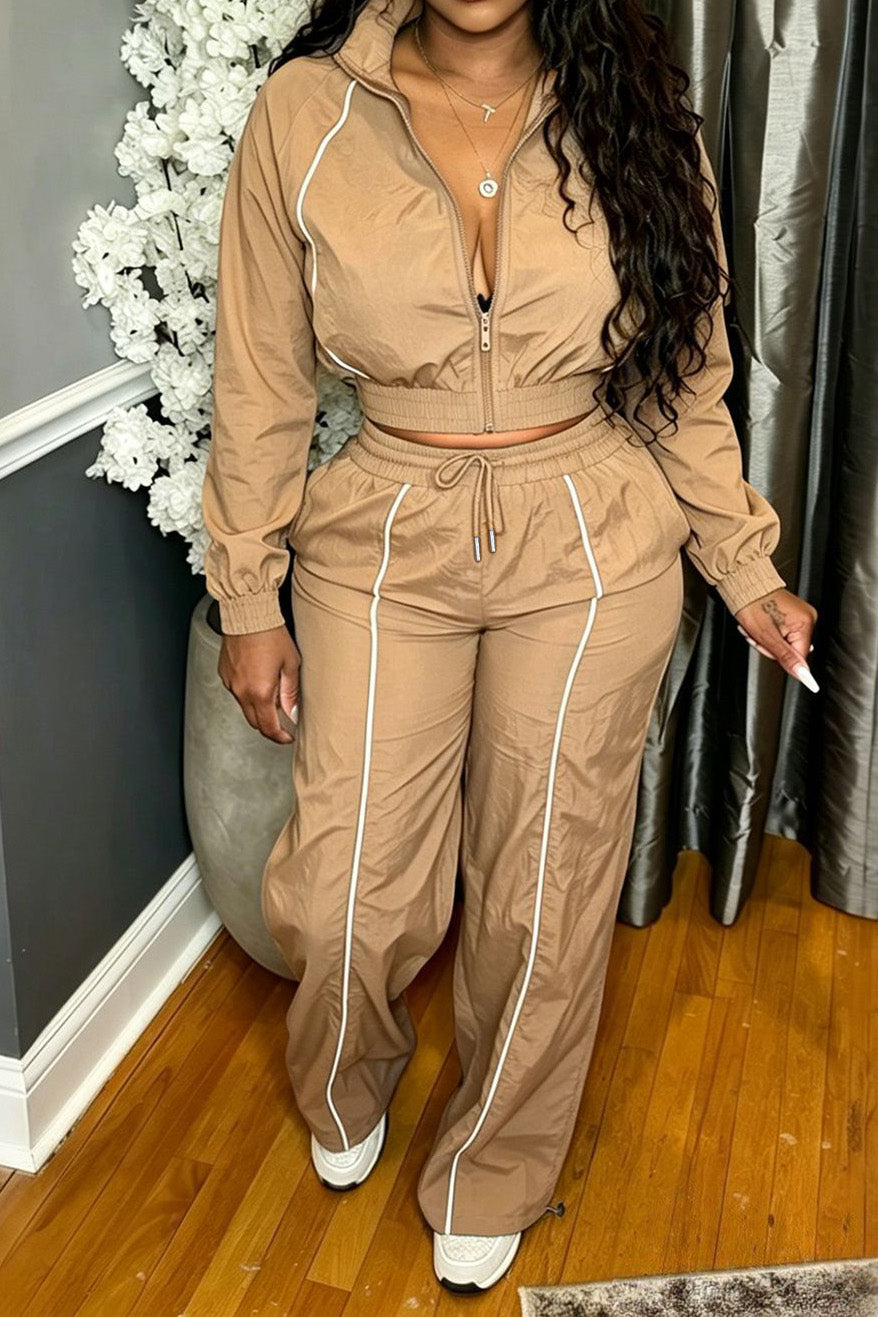 Zip-Front Piped Top & Wide-Leg Pants Set