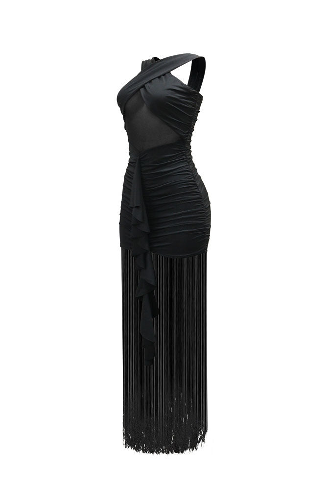 Cross-Front Mesh Illusion Ruched Fringe Maxi Dress