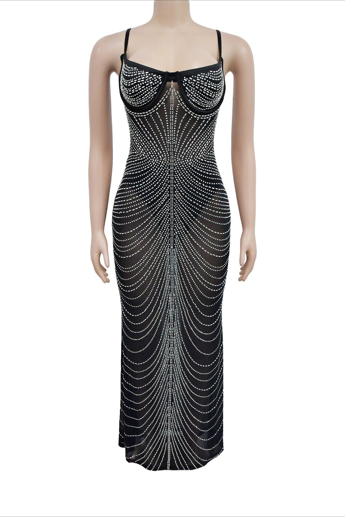 Sheer Rhinestone Bustier Maxi Dress