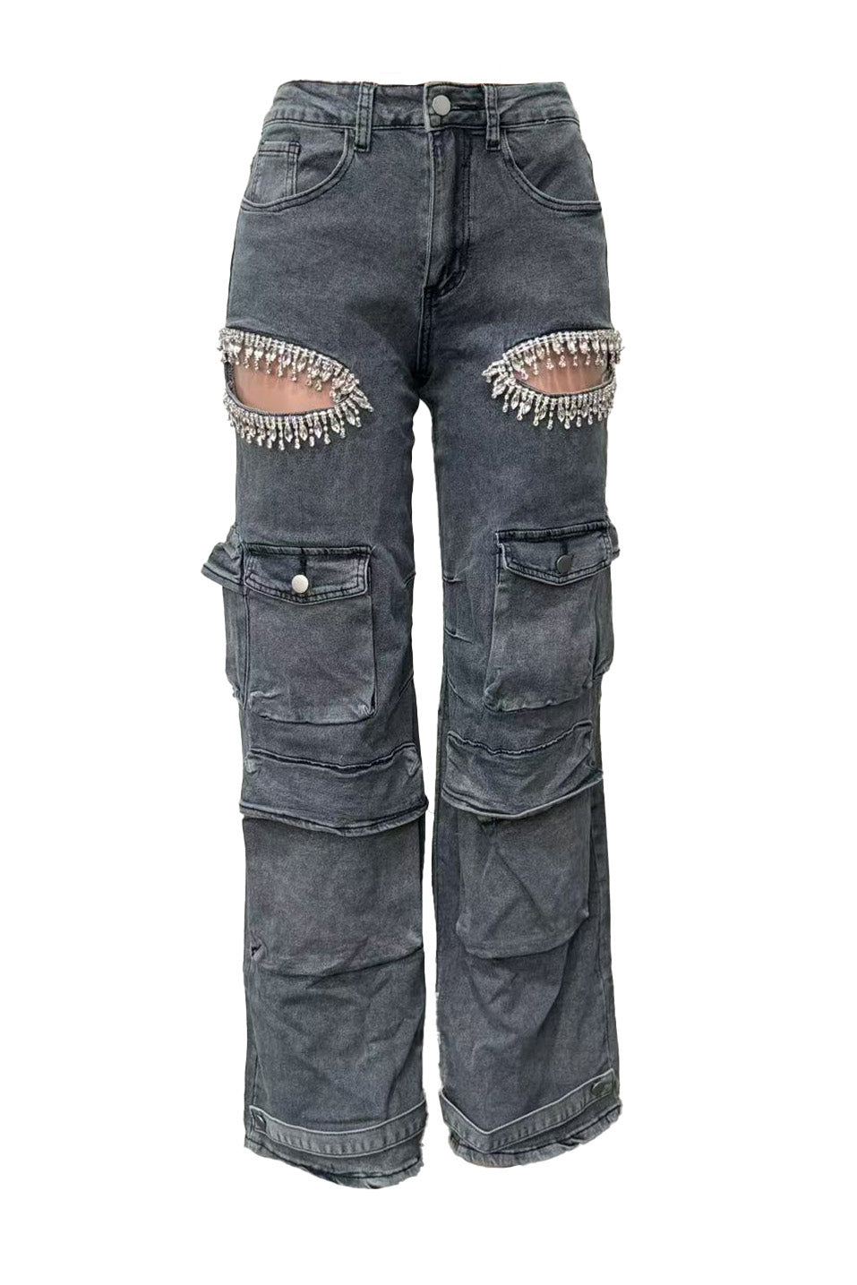Rhinestone Cutout Wide Leg Cargo Pants