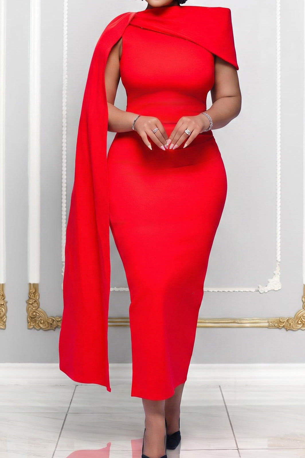 Elegant Asymmetric Draped Cape Maxi Dress