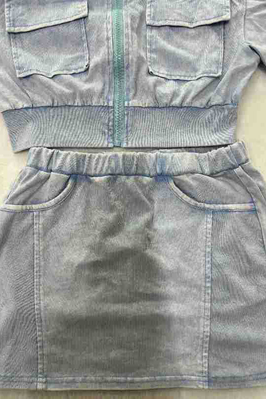 Washed Pocket Top and Skirt 2-piece Set