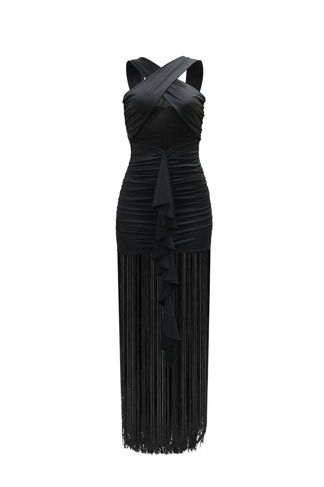 Cross-Front Mesh Illusion Ruched Fringe Maxi Dress