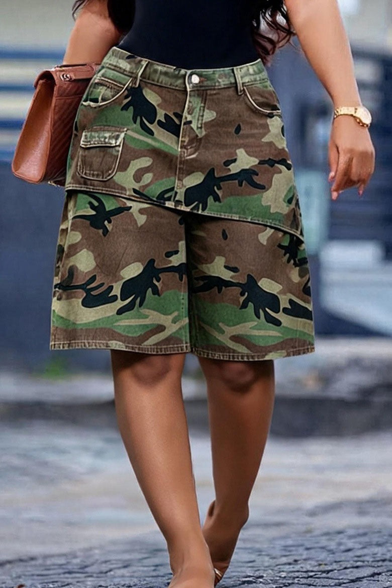 Asymmetrical Camo Denim Shorts
