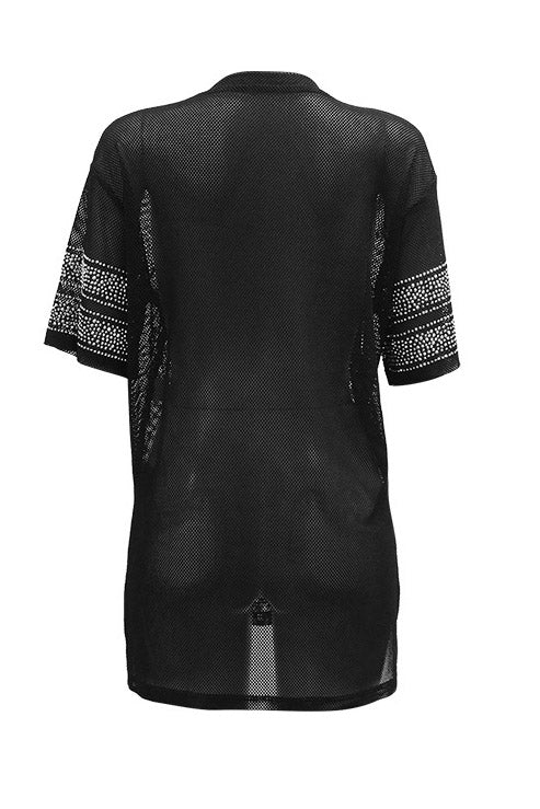 Rhinestone 23 Sheer Mesh Jersey Tunic