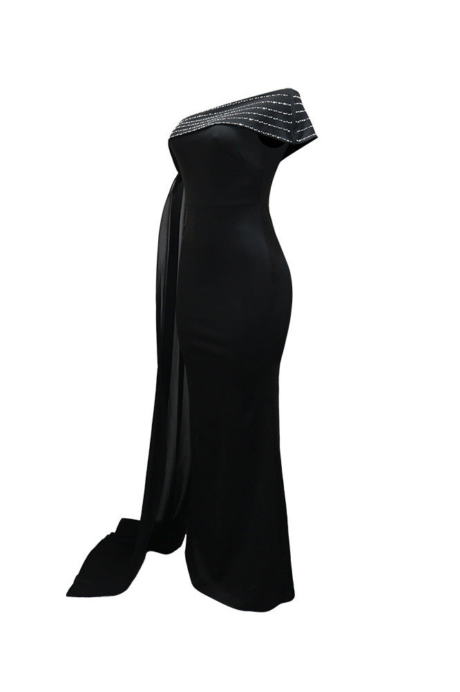 Rhinestone Cape One Shoulder Maxi Dress